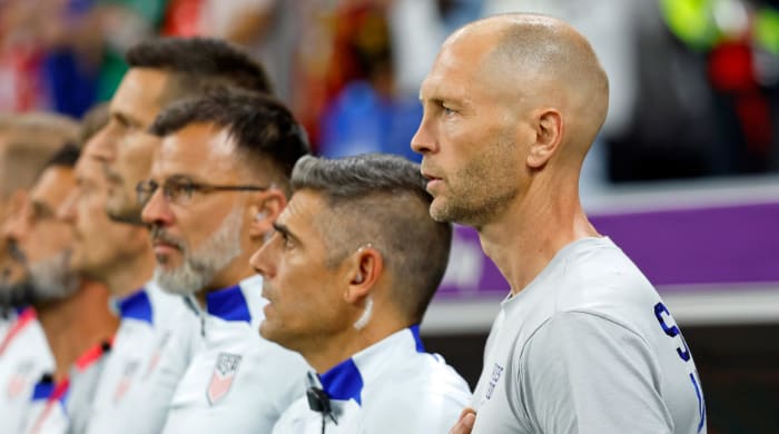 USMNT manager Gregg Berhalter looks on during the national anthem before a game.